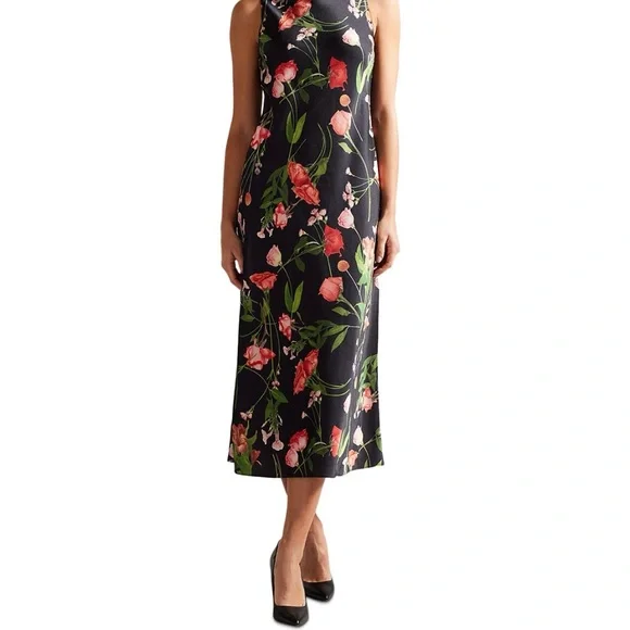 Ted Baker NWT size 4 Cowl Neck Black Floral Slip Midi Maxi Dress sleeveless - Picture 1 of 14